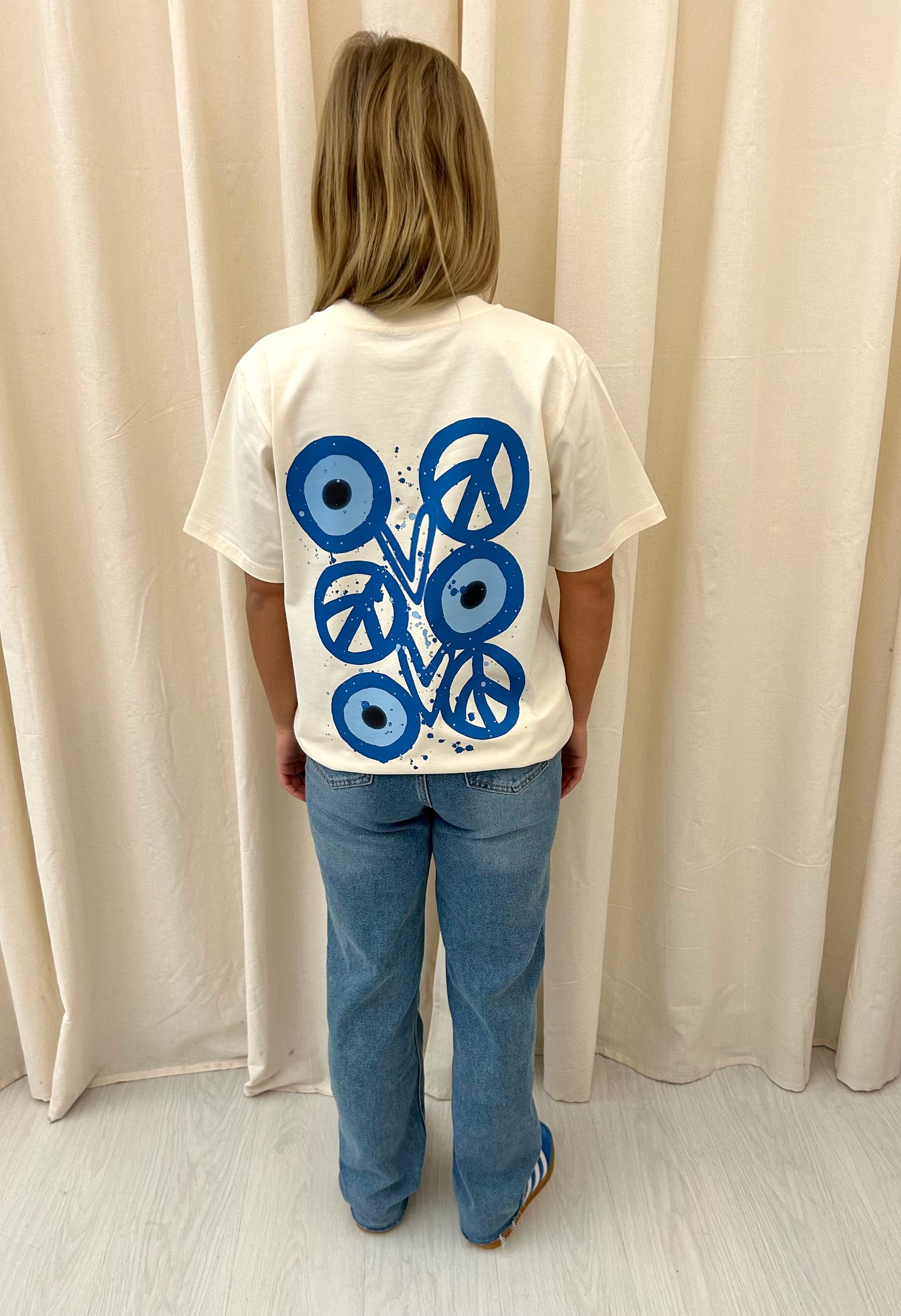 Blue Evil Eye, Peace, Heart Graffiti T shirt Cream