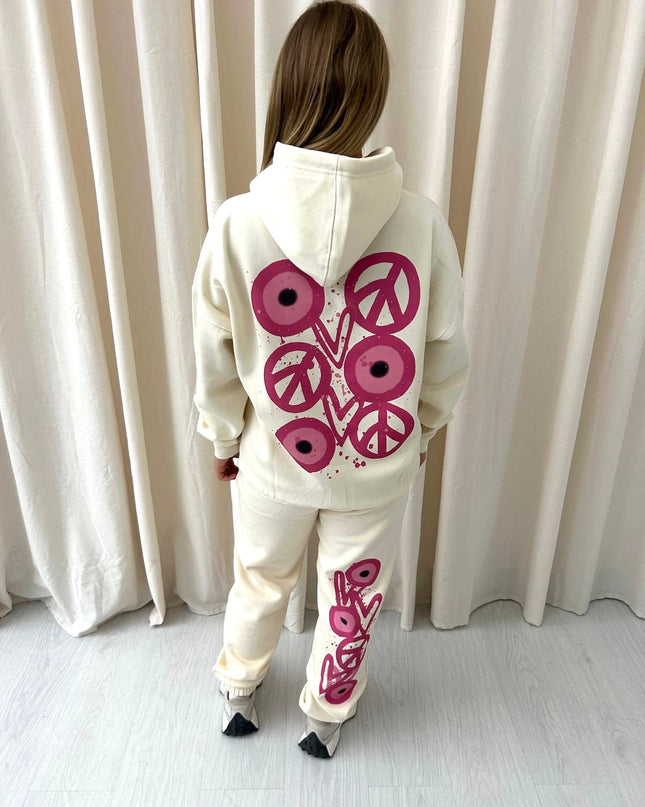 Pink Evil Eye, Peace, Heart Graffiti Hooded Tracksuit Cream