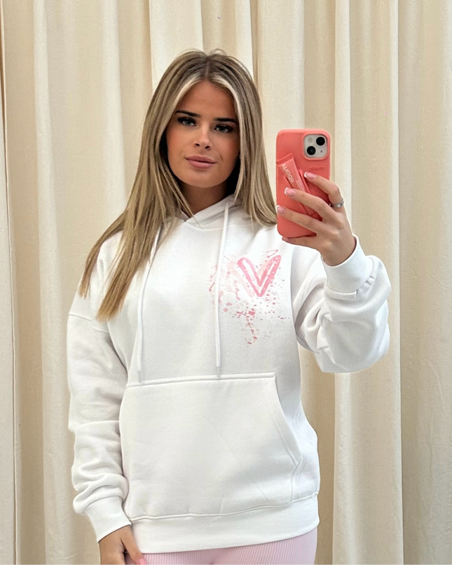 Pink Heart Graffiti Hoodie White