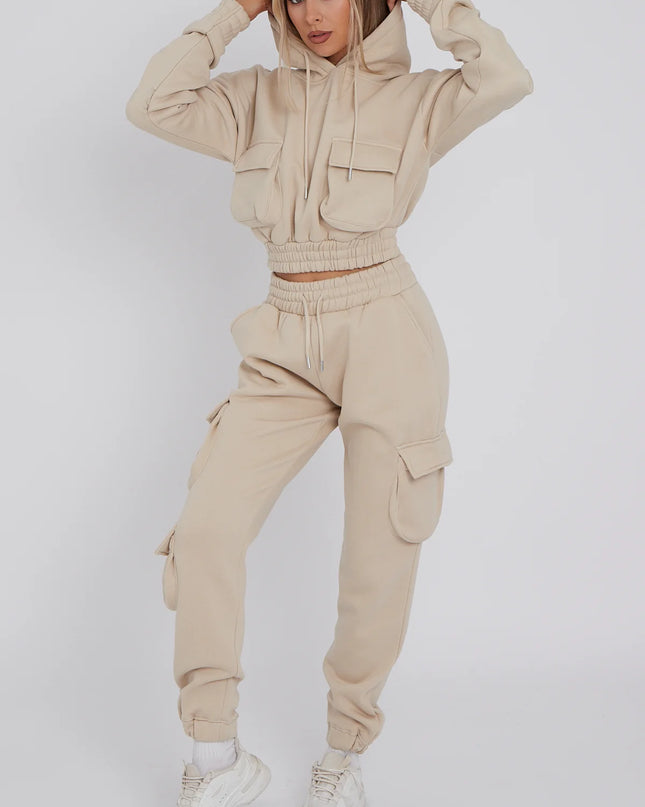 Cargo Pockets Fleece Tracksuit Beige