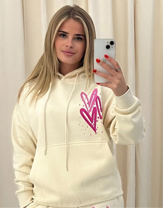 Miss Runway Pink Heart Graffiti Hoodie Cream