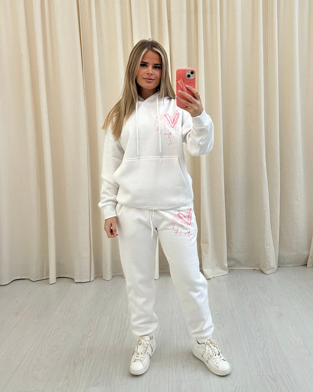 Pink Heart Graffiti Hooded Tracksuit White