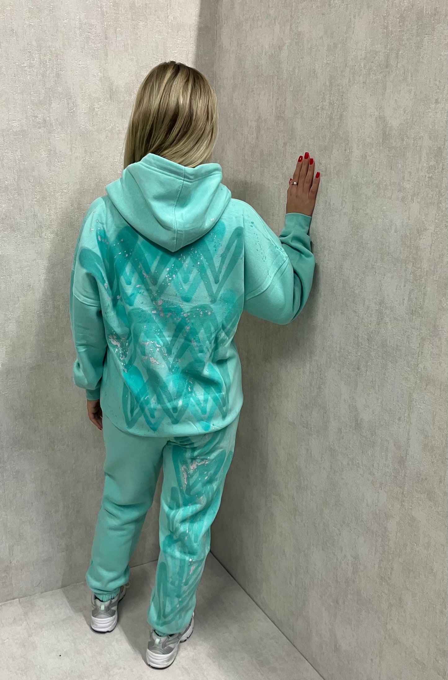 Mint Green Heart Sprayed Hooded Tracksuit