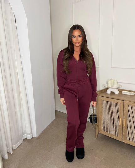 Cropped Zip Up Hood Sweatshirt & Wide Leg Trouser Tracksuit Burgundy
