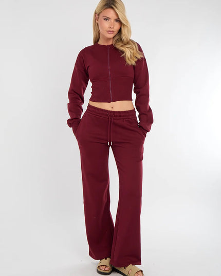 Cropped Zip Up Sweatshirt & Wide Leg Trouser Tracksuit Burgundy