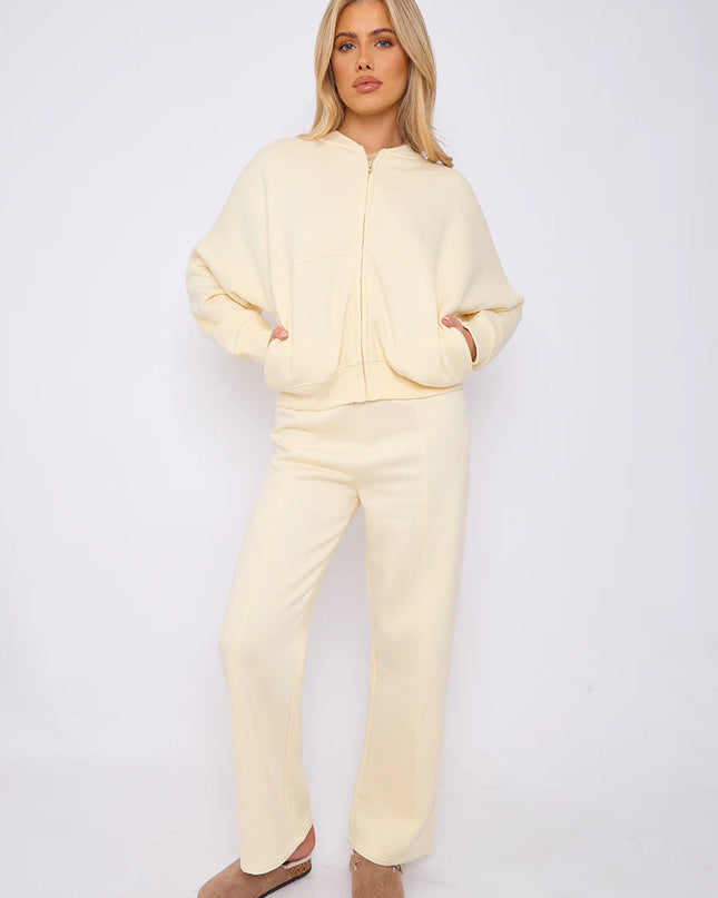 Oversized Bomber Style Fleece Zipper Co-ord Forest Cream