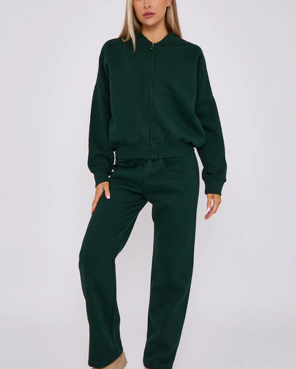 Oversized Bomber Style Fleece Zipper Co-ord Forest Green
