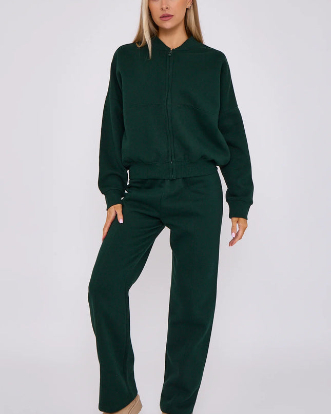 Oversized Bomber Style Fleece Zipper Co-ord Forest Green