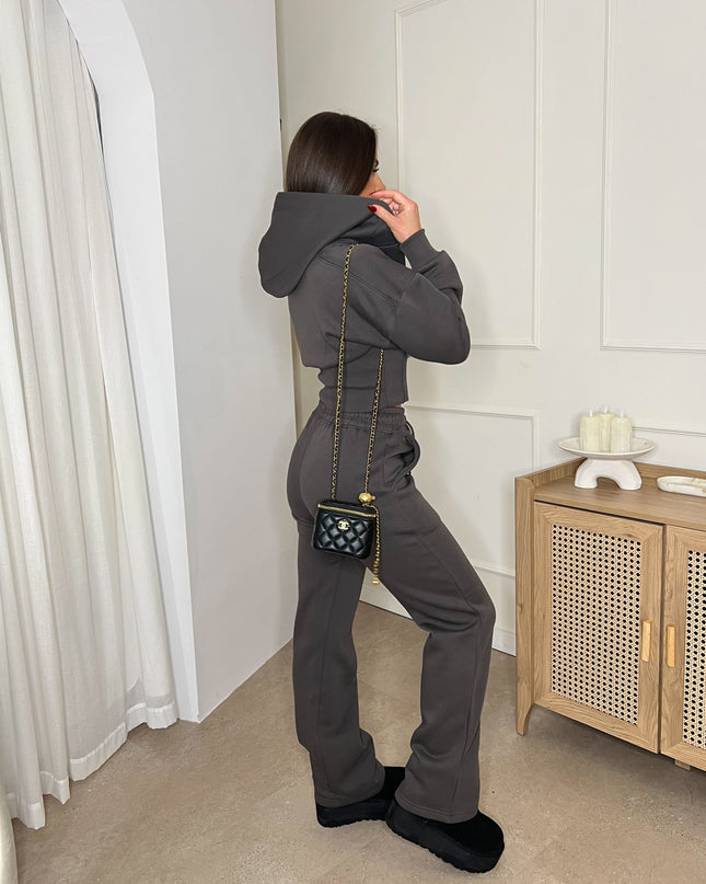 Cropped Zip Up Hood Sweatshirt & Wide Leg Trouser Tracksuit Charcoal