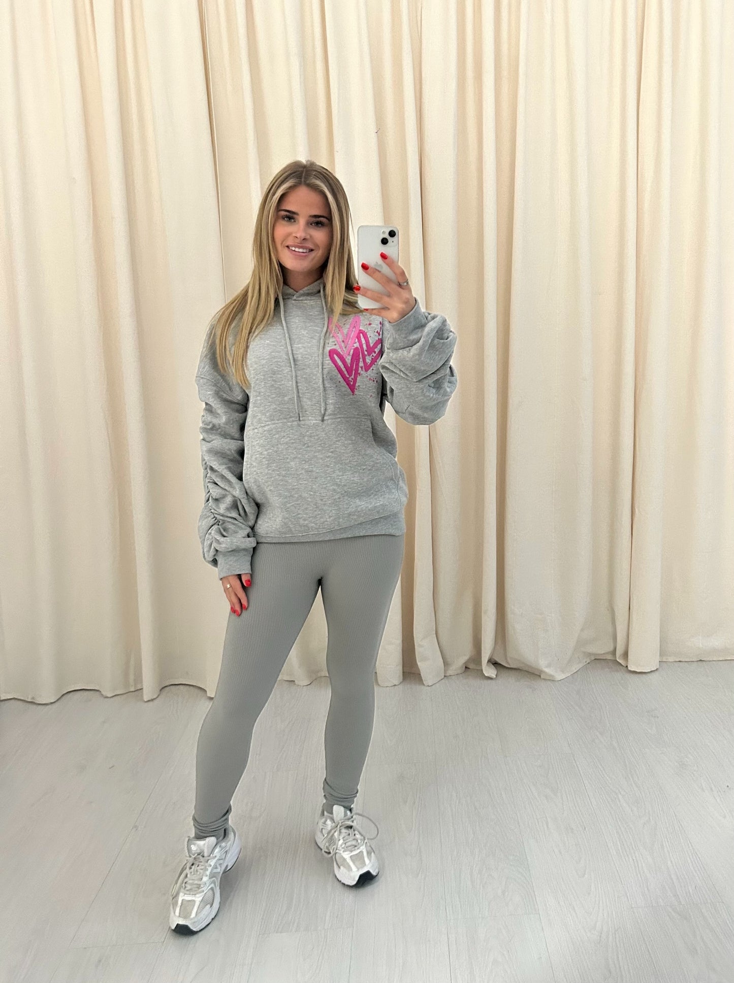 Miss Runway Pink Heart Graffiti Ruched Hoodie And Legging Set Grey