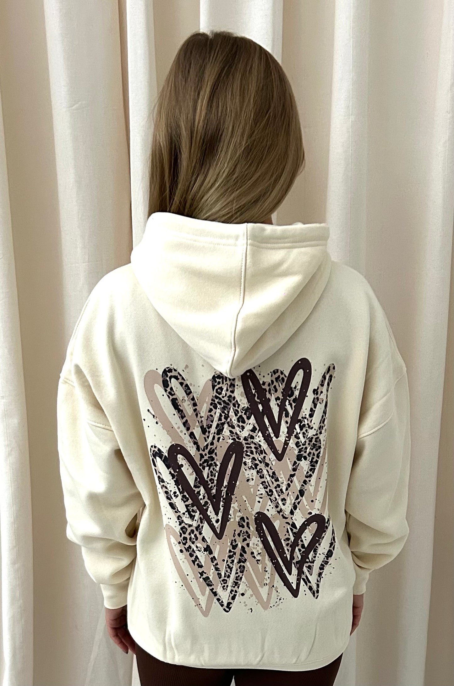 Brown Leopard Heart Graffiti Hoodie Cream