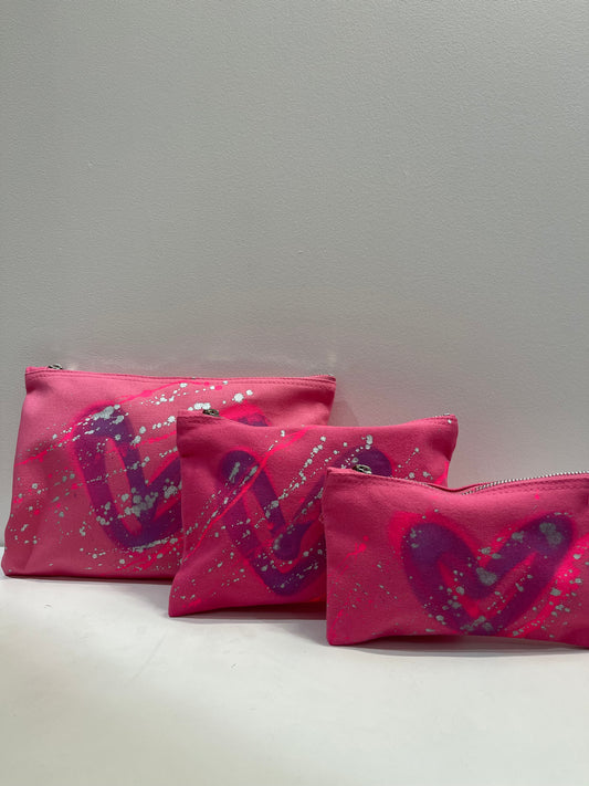 Pink/Purple Heart Set of 3 Toiletry/Make Up Bags