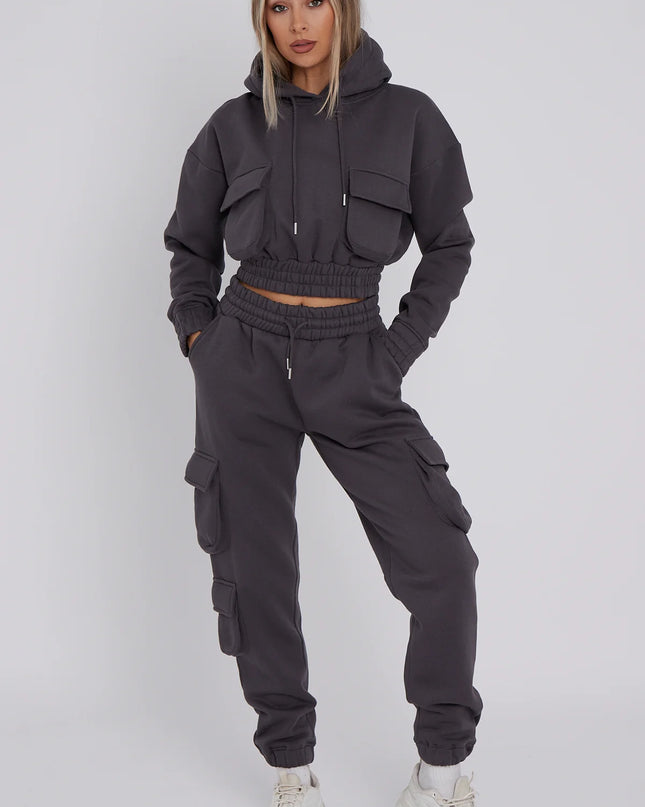Cargo Pockets Fleece Tracksuit Charcoal Grey