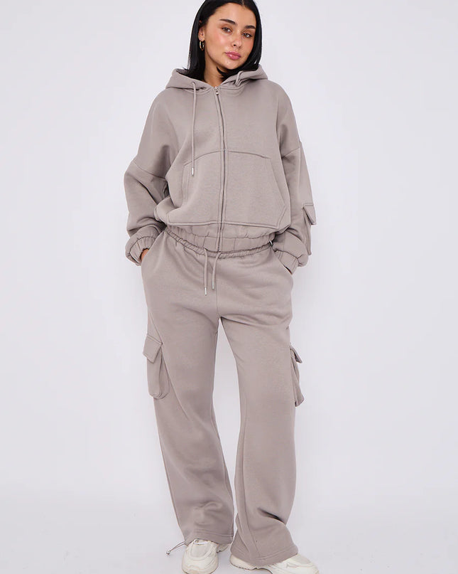 Cargo Style Zip Hooded Tracksuit Dove Grey