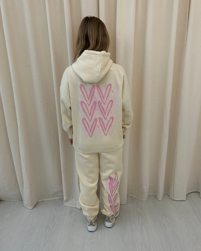 Pink Heart Graffiti Hooded Tracksuit Cream