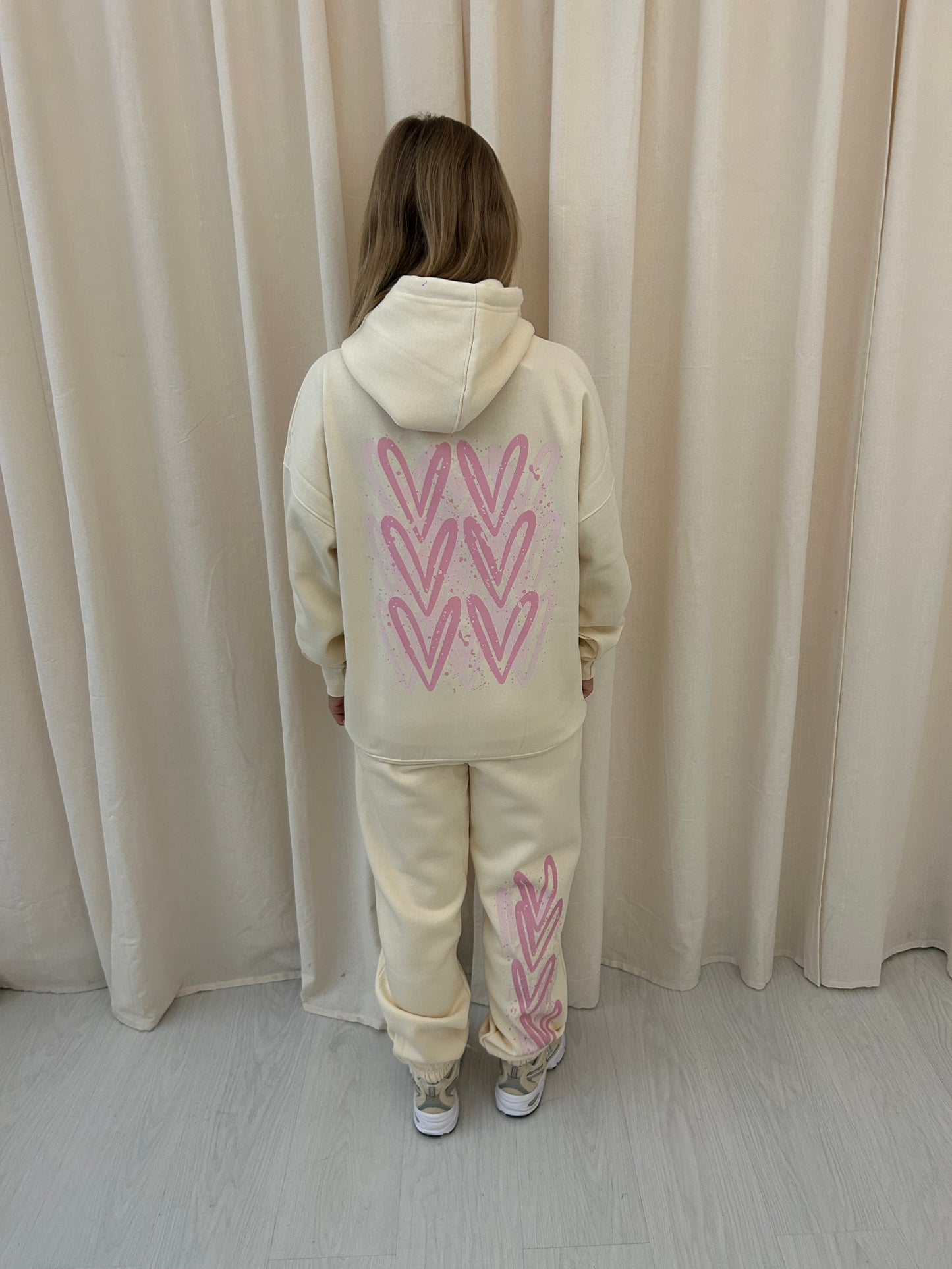 Pink Heart Graffiti Hooded Tracksuit Cream