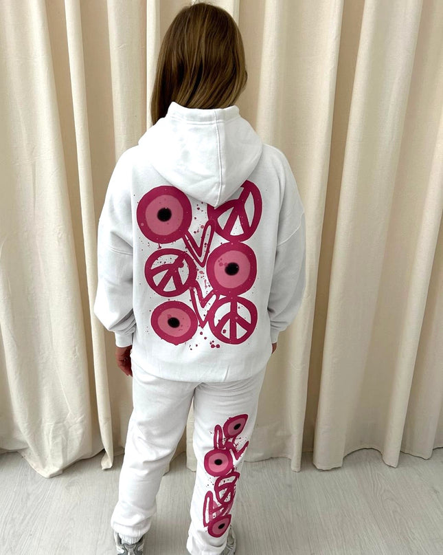 Pink Evil Eye, Peace, Heart Graffiti Hooded Tracksuit White