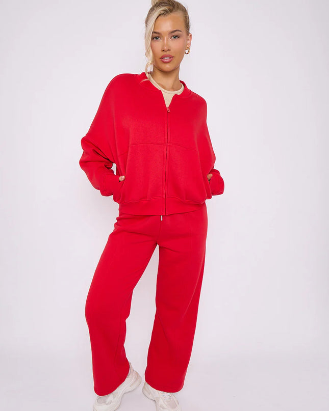 Oversized Bomber Style Fleece Zipper Co-ord Red