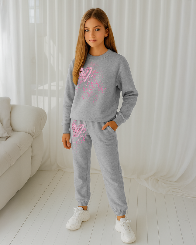 Dark Pink Zig Zag Hearts Printed Sweatshirt Tracksuit Kids