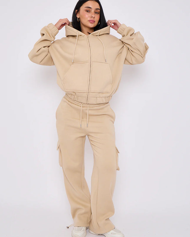 Cargo Style Zip Hooded Tracksuit Beige