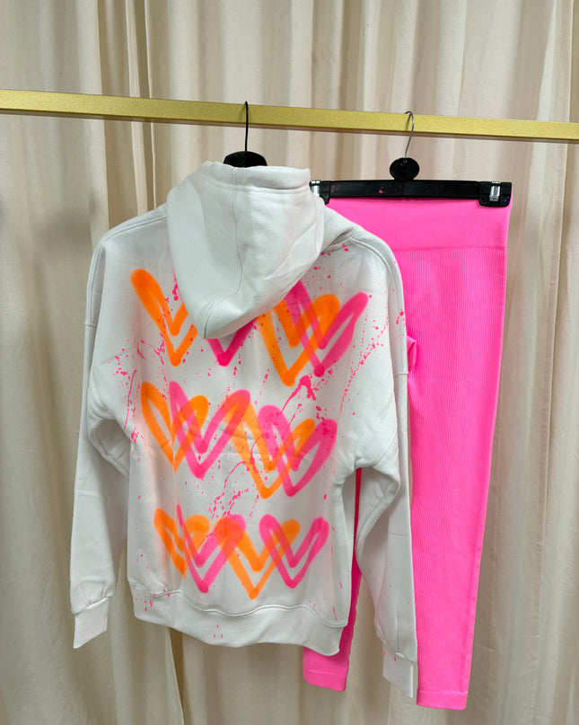 Neon Pink & Orange Hearts Spray Painted Hoodie & Leggings Adults
