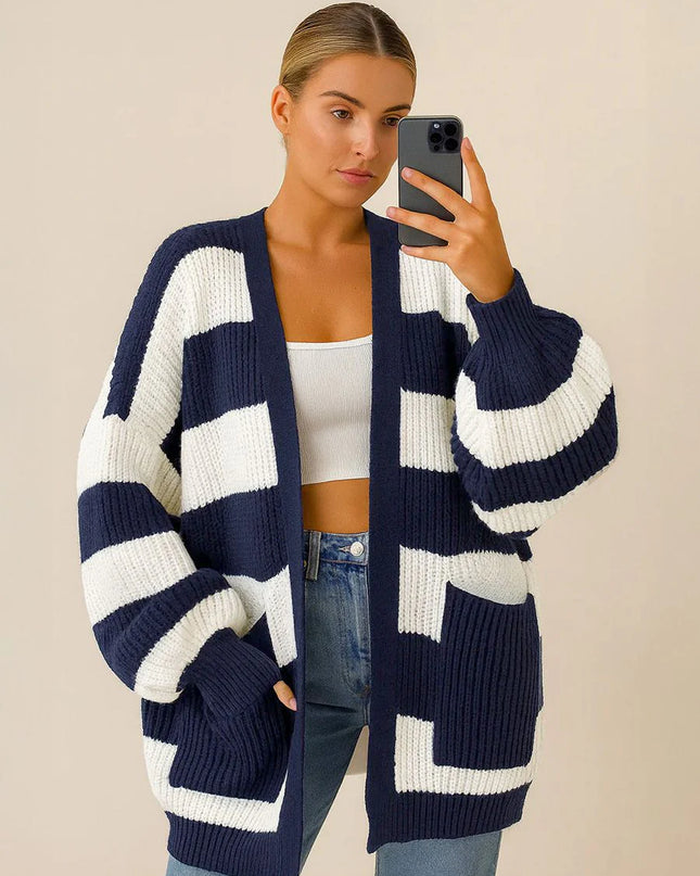 Knitted Striped Cardigan Navy