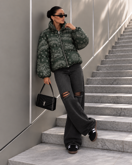 Paisley Puffer Cropped Jacket Khaki
