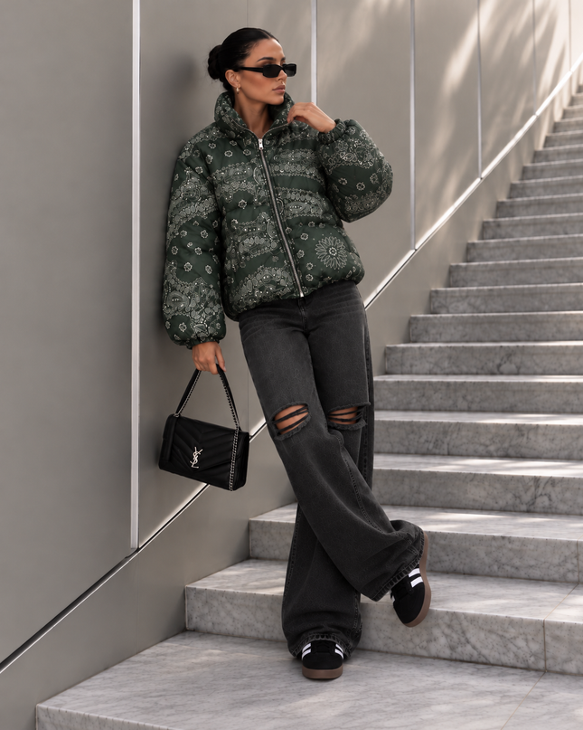 Paisley Puffer Jacket in Khaki – women's one size puffer coat by Miss Runway
