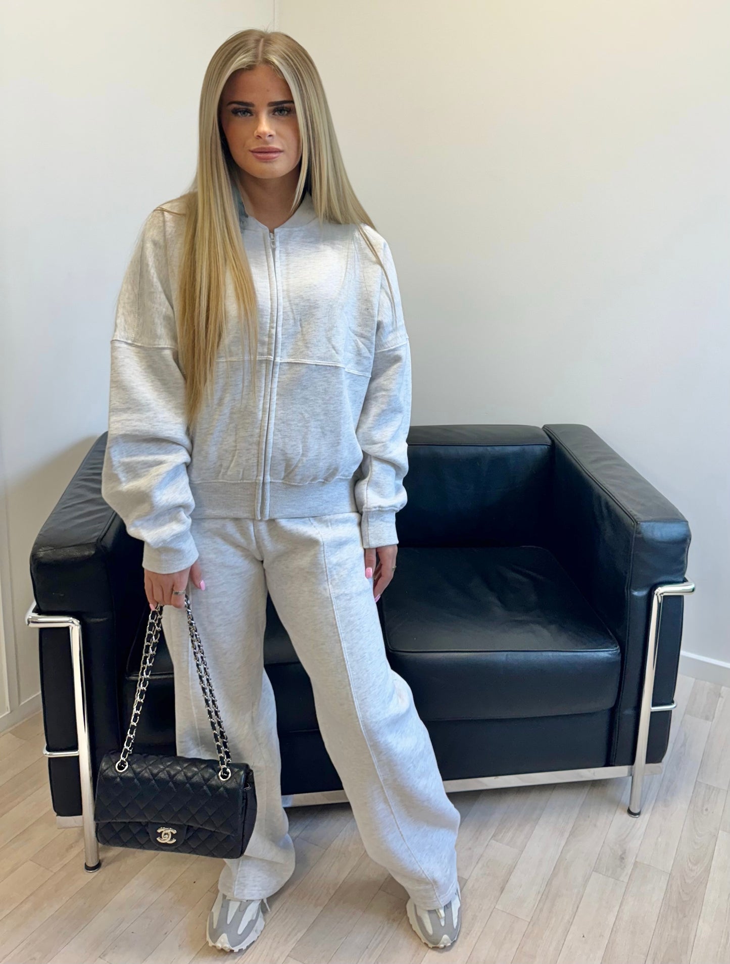 Ash Grey Oversized Bomber Style Fleece Zipper Co-ord