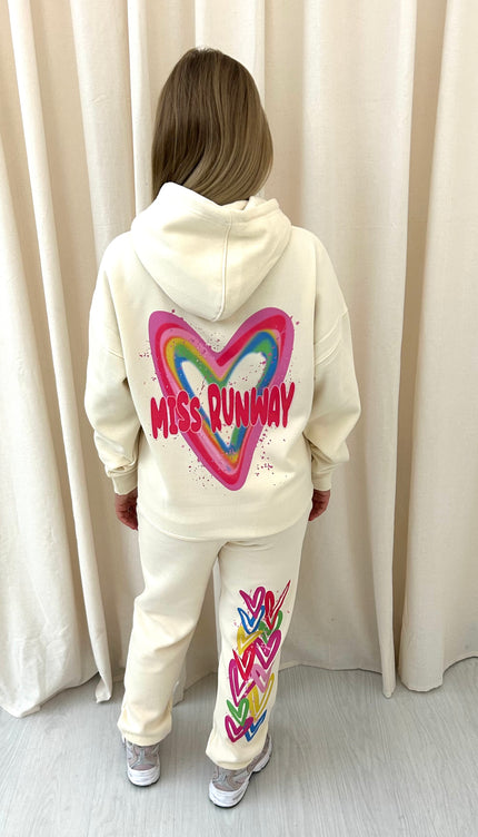 Miss Runway Multicolour Heart Graffiti Hooded Tracksuit cream