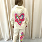 Miss Runway Multicolour Heart Graffiti Hooded Tracksuit cream