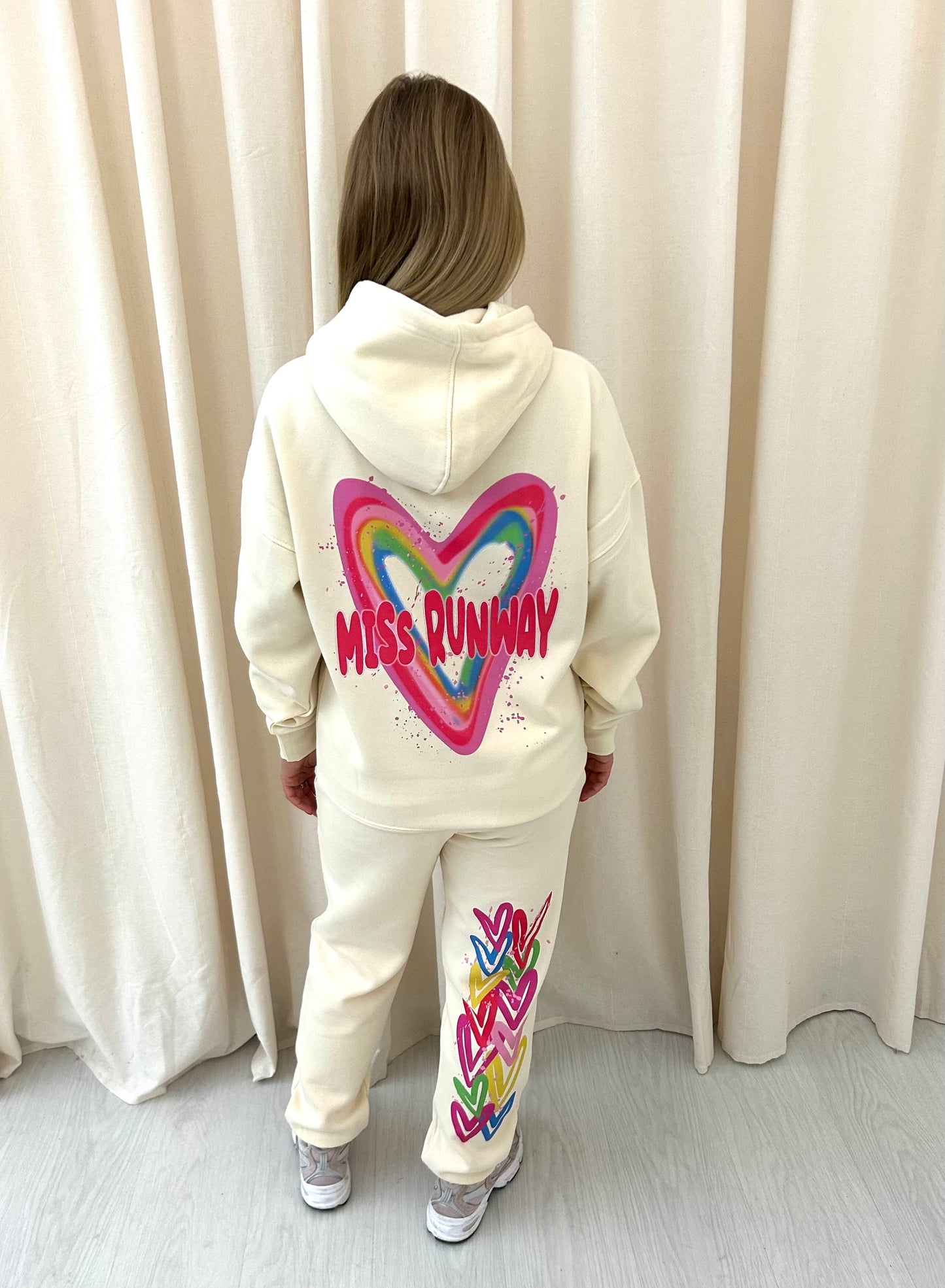 Miss Runway Multicolour Heart Graffiti Hooded Tracksuit cream