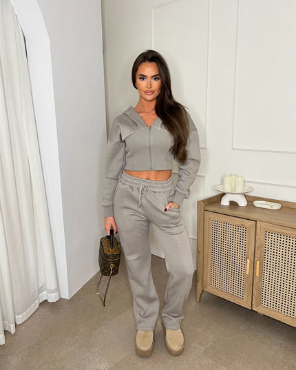 Cropped Zip Up Hood Sweatshirt & Wide Leg Trouser Tracksuit Dove Grey