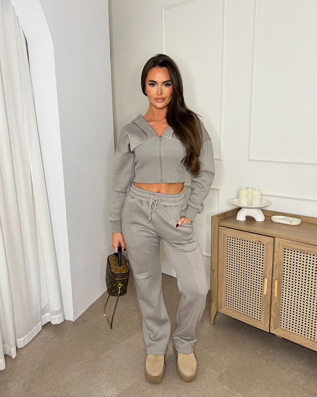 Cropped Zip Up Hood Sweatshirt & Wide Leg Trouser Tracksuit Dove Grey