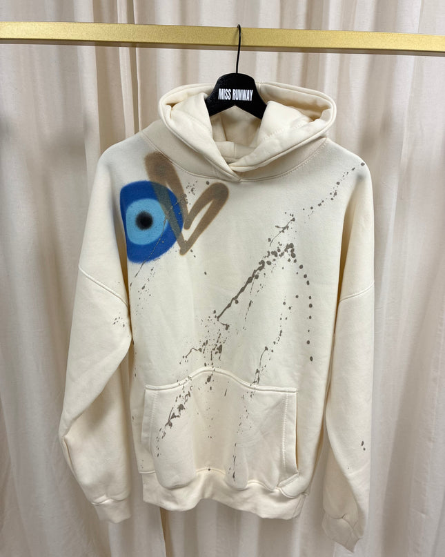 11:11 Gold Heart, Evil Eye Spray Painted Cream Hoodie Adults