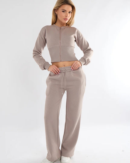 Cropped Zip Up Sweatshirt & Wide Leg Trouser Tracksuit Dove Grey