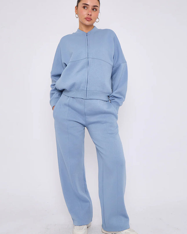 Oversized Bomber Style Fleece Zipper Co-ord Forest Denim Blue