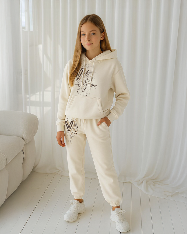 Brown Hearts Printed Hooded Tracksuit Kids