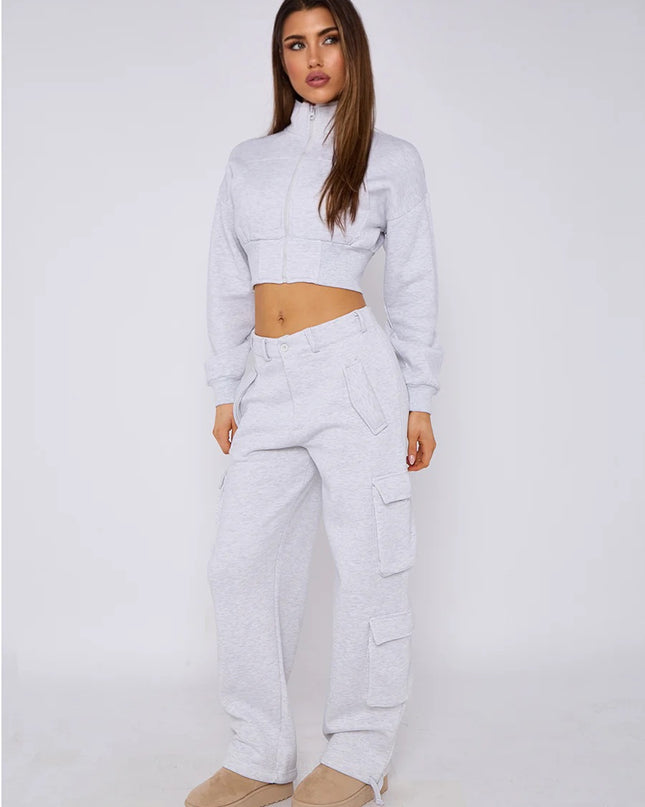 Cropped Zip Up Sweatshirt & Cargo Trouser Tracksuit Ash Grey