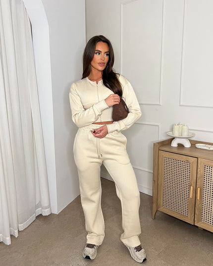 Cropped Zip Up Sweatshirt & Wide Leg Trouser Tracksuit Cream