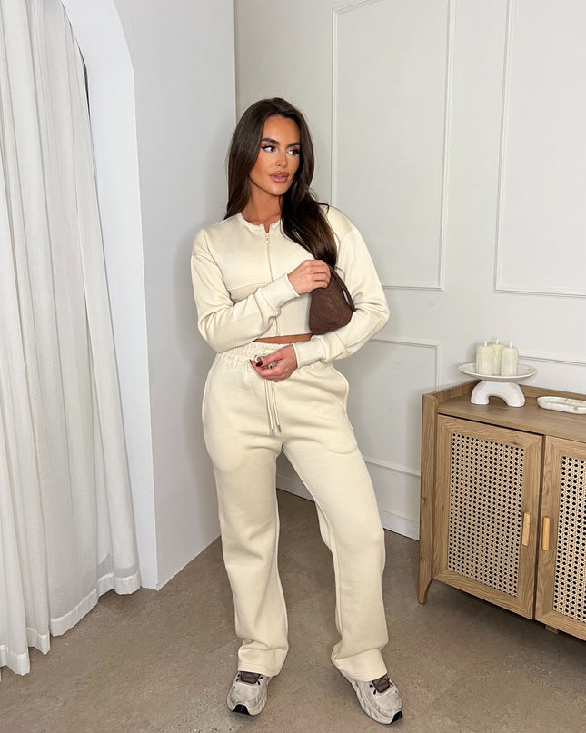 Cropped Zip Up Sweatshirt & Wide Leg Trouser Tracksuit Cream