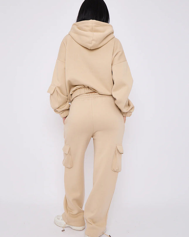 Cargo Style Zip Hooded Tracksuit Beige
