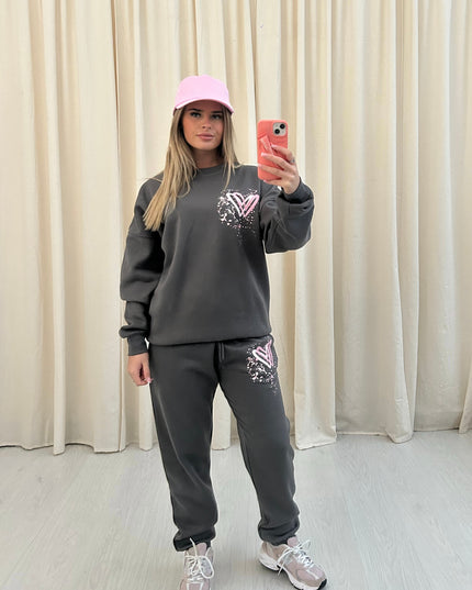 Pink Heart Graffiti Sweatshirt Tracksuit Charcoal Grey