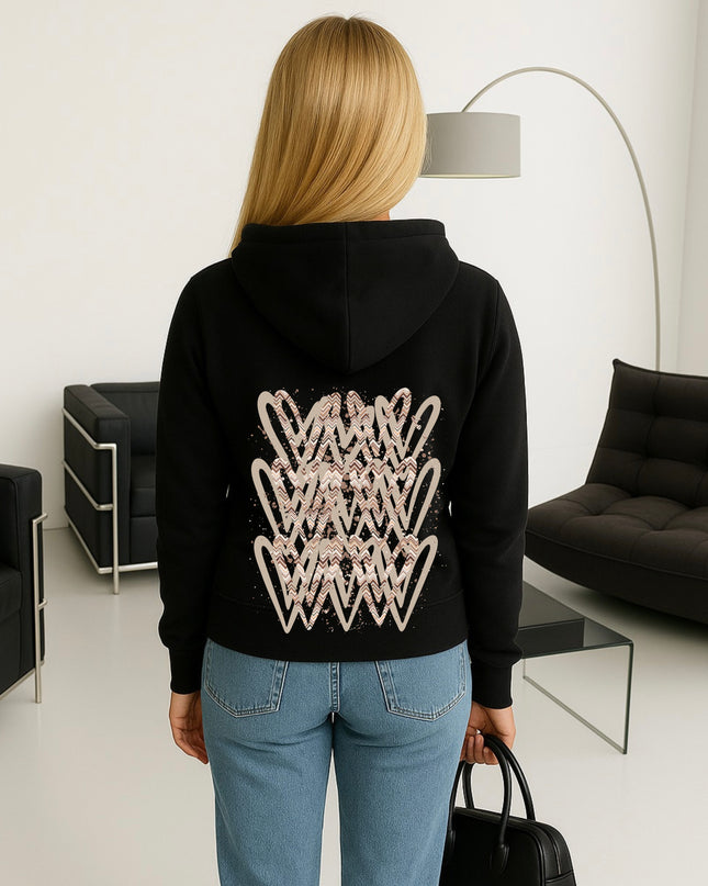 Beige Zig Zag Heart Printed Hoodie