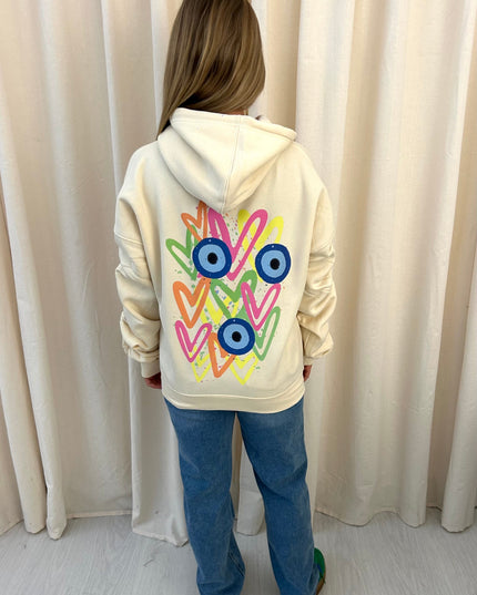 Neon Heart Evil Eye Printed Ruched Hoodie