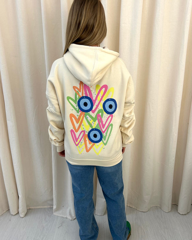 Neon Heart Evil Eye Printed Ruched Hoodie