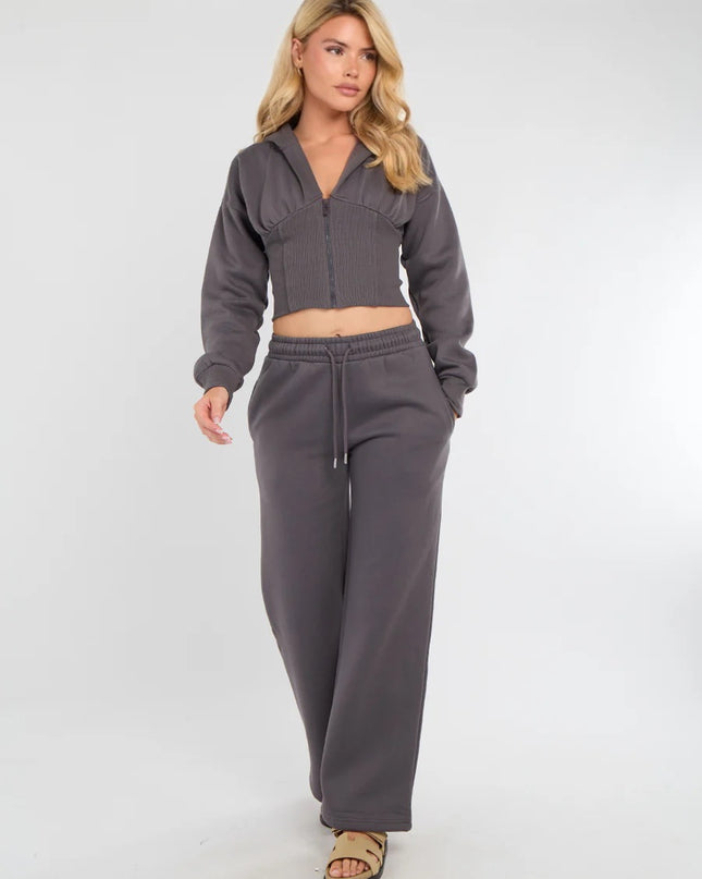 Cropped Zip Up Hood Sweatshirt & Wide Leg Trouser Tracksuit Charcoal