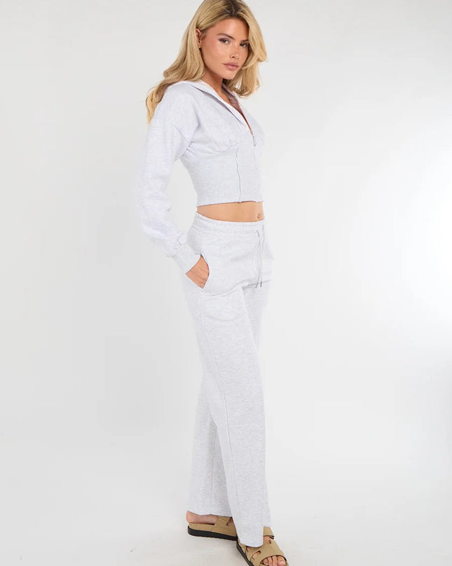 Cropped Zip Up Hood Sweatshirt & Wide Leg Trouser Tracksuit Ash Grey