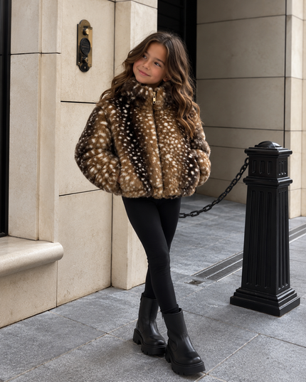 Kids deer print faux fur jacket in chocolate brown with high neck by MISS RUNWAY