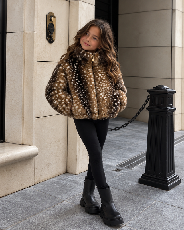 Kids deer print faux fur jacket in chocolate brown with high neck by MISS RUNWAY